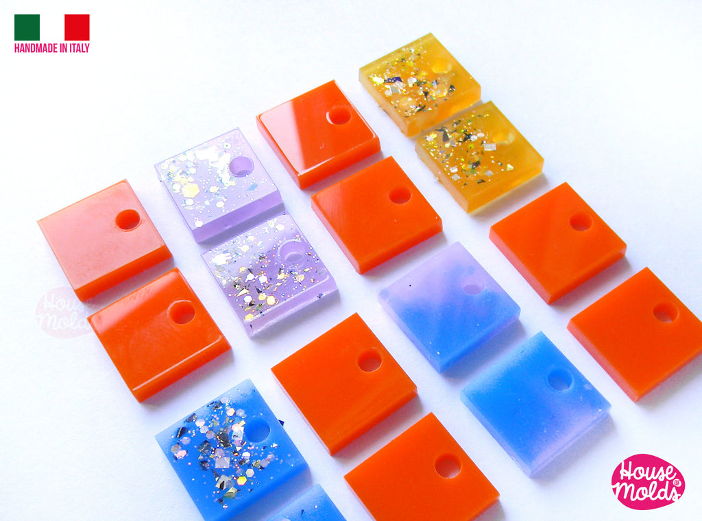 Square Studs earrings Clear Mold , 15x 15 mm + Premade Holes , 16 cavities, very easy to use  super shiny - house of molds