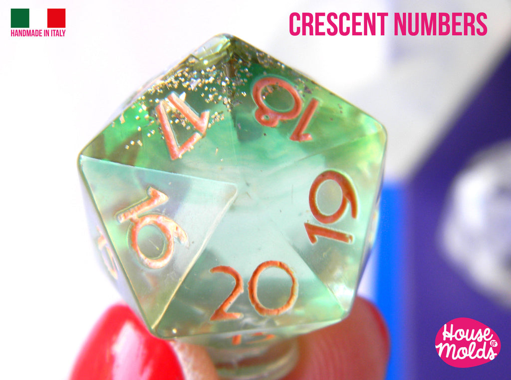 Count Down D20 Dice Clear Silicone Mold -size  21 x 21 mm -  HOUSE OF MOLDS- Crescent Numbers D20  super shiny surface