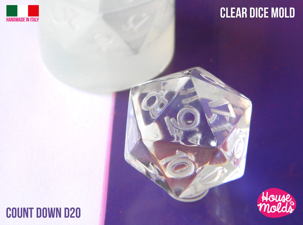 Count Down D20 Dice Clear Silicone Mold -size  21 x 21 mm -  HOUSE OF MOLDS- Crescent Numbers D20  super shiny surface