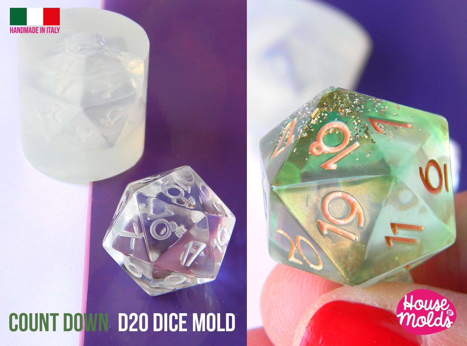 Count Down D20 Dice Clear Silicone Mold -size 21 x 21 mm - HOUSE