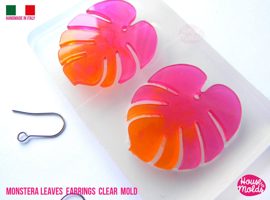 Monstera Leaf earrings Clear Molds , Premade Holes on top , measurements 43 x 36 mm thickness 2 mm  easy and  super shiny - house of molds