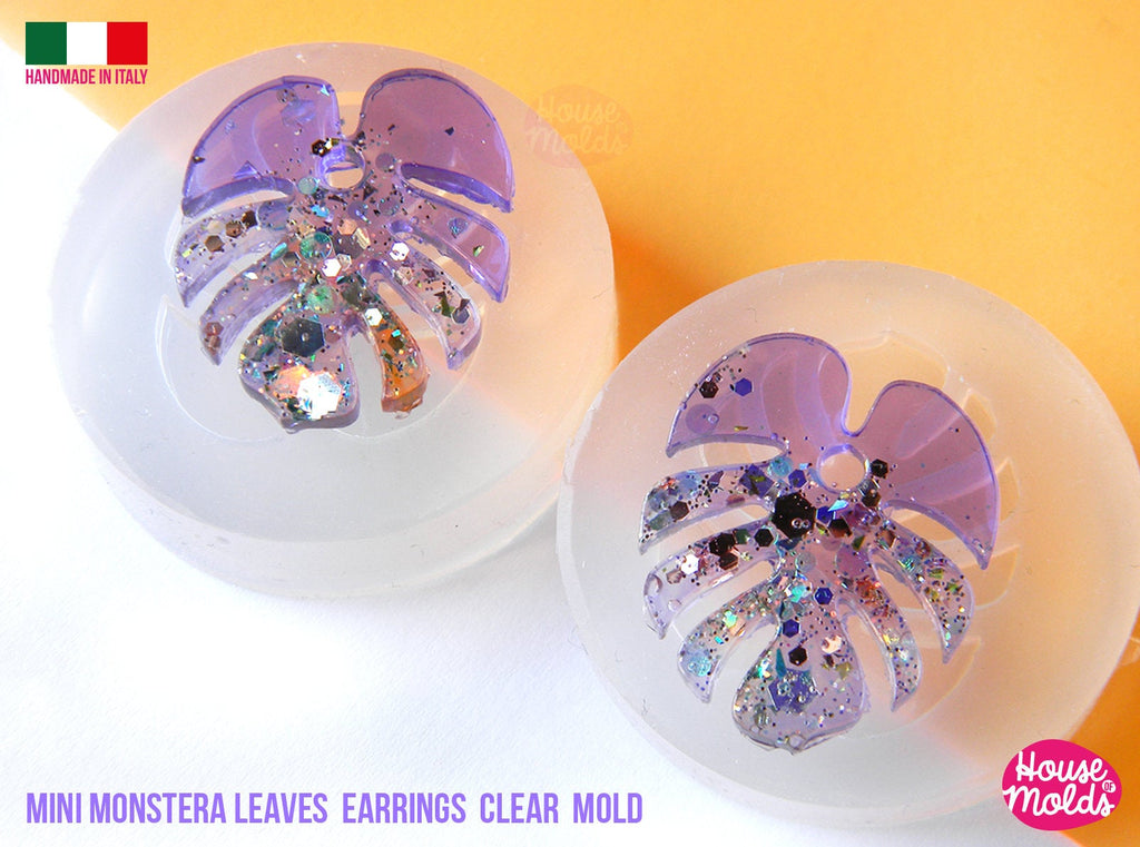 Mini Monstera Leaf earrings Clear Molds , Premade Holes on top , measurements 23 x 22 mm thickness 2 mm  super shiny - house of molds