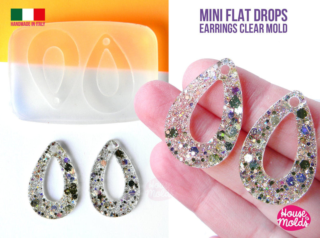 Mini Flat TearDrops  earrings Clear Molds , Premade Holes on top , measurements 32 x 21 mm thickness 2 mm - super shiny - house of molds