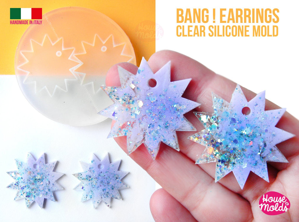 Bang ! earrings Clear Molds , Premade Holes on top , measurements 38 mm diameter , thickness 2 mm  easy and  super shiny - house of molds