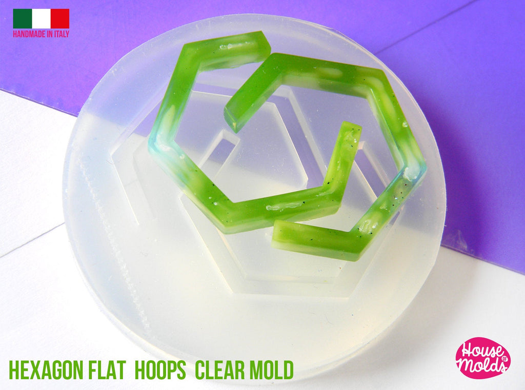 Hexagonal Flat Earrings Hoops Clear Mold , 28 x 30 mm 4 mm thickness ,  very  easy Transparent Mold ,  super shiny - house of molds