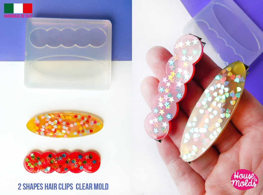 Hair Clips 2 Flat Shapes Clear Mold ,1 scalloped 1 oval  - Transparent Silicone Mold super shiny  House of molds