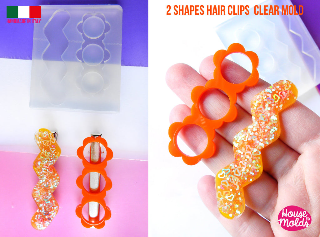 Hair Clips 2 Flat Shapes Clear Mold ,1 ZIGZAG 1 FLOWERPOWER - Transparent Silicone Mold super shiny  House of molds