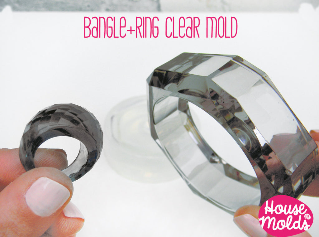 Faceted  Bangle + Ring mold, 63 mm inner diameter bangle , Clear Rubber mold super glossy results