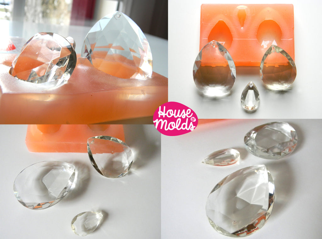 3D Faceted Teardrop Crystal Mold Set of 3, Silicone mold for earrings ,pendants, decoration,house of molds super shiny resin creations