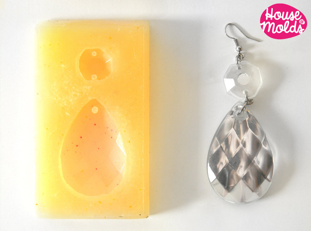 Faceted Teardrop Earrings 1 clear mold with  pre-made holes -flat back- house of molds