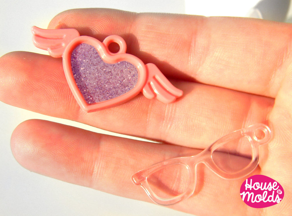 Winged Heart and Sunglasses Charms Mold -Clear  silicone rubber mold for resin