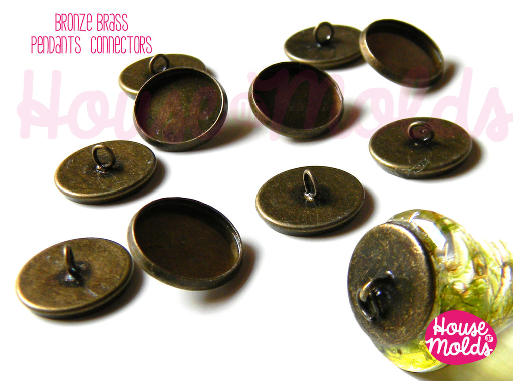 Bronze Brass Glue On Flat connectors for Pendants 16 mm diameter ,eyepin on top for dangling pendants-easy to use just glue on your pendant